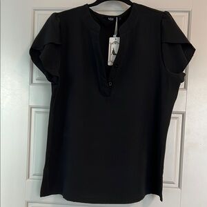 Black Boxy Blouse with Flutter Sleeves and Mandarin Collar